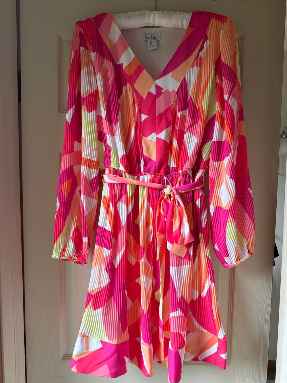 Nicole Miller Pink Orange Geometric Long Sleeve Belted Dress